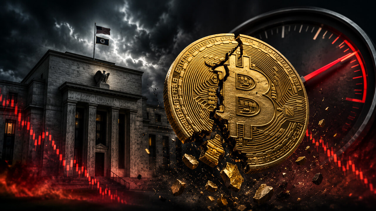 Cracked Bitcoin coin in front of the Federal Reserve and a falling market chart, illustrating Bitcoin's sharp price decline amid rising Treasury yields and tightening financial conditions.