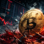 Bitcoin symbol amid red market graphics illustrating crypto liquidation-driven selloff and market reset.
