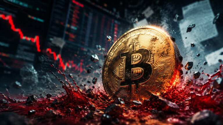 Bitcoin symbol amid red market graphics illustrating crypto liquidation-driven selloff and market reset.