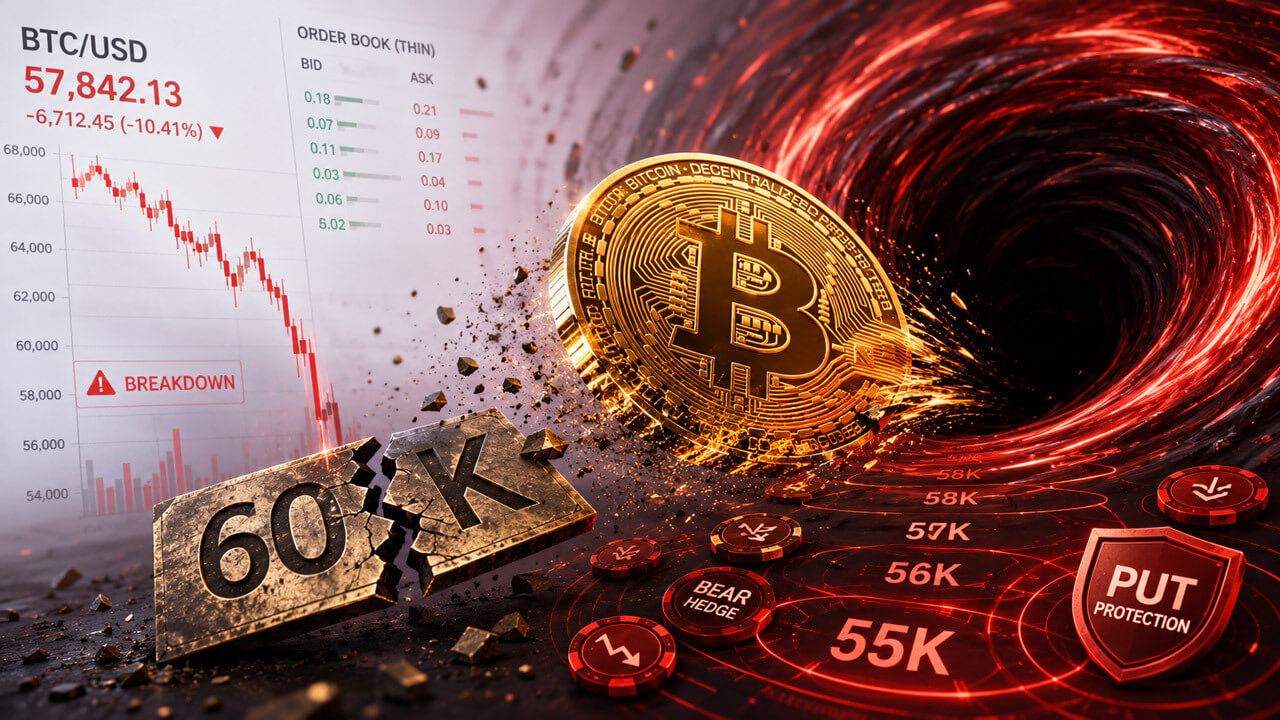 Bitcoin liquidity vacuum illustration with bearish price chart and 60K breakdown theme