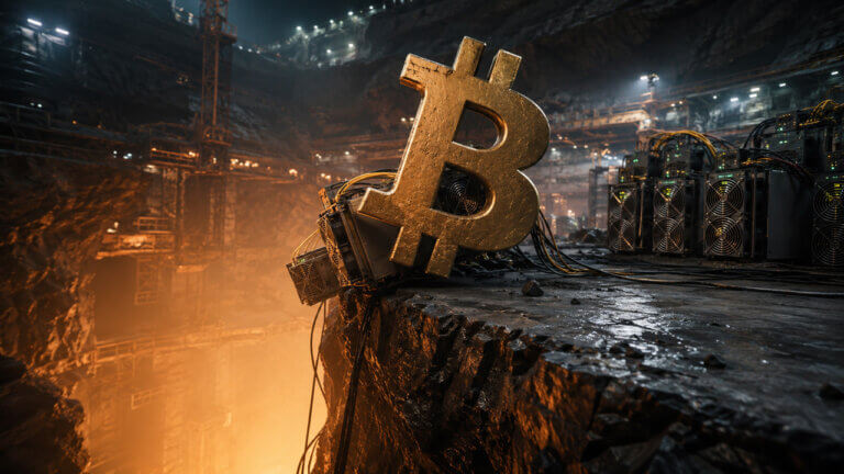 Bitcoin logo on a rocky cliff above an industrial mining landscape representing Bitcoin mining production costs.