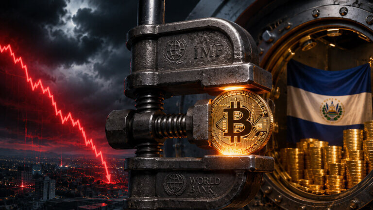 Bitcoin coin in a metal vise symbolizing pressure on El Salvador's Bitcoin reserve strategy under IMF conditions.