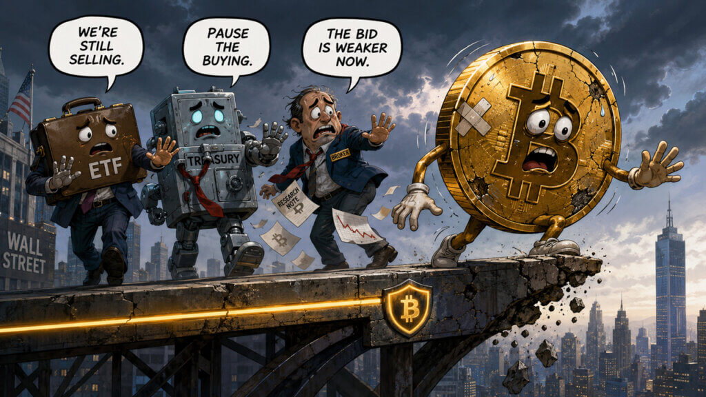 Cartoon Bitcoin flees collapsing bridge as ETF and treasury buyers signal weaker demand.