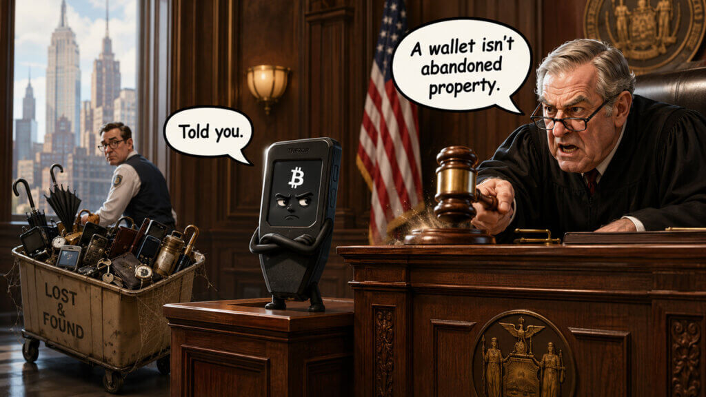 Cartoon of a Bitcoin wallet in court as a judge says a wallet is not abandoned property.