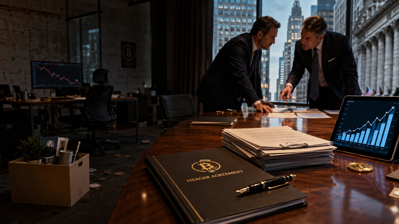 Executives reviewing a Bitcoin merger agreement in a boardroom, illustrating crypto media consolidation, dealmaking and market uncertainty.