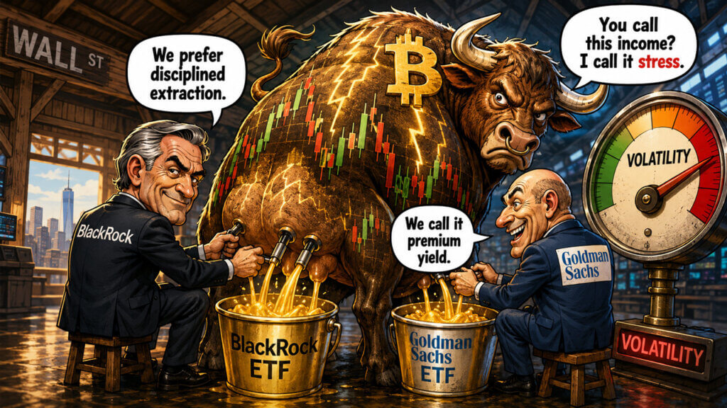 Cartoon of BlackRock and Goldman Sachs turning Bitcoin volatility into ETF income