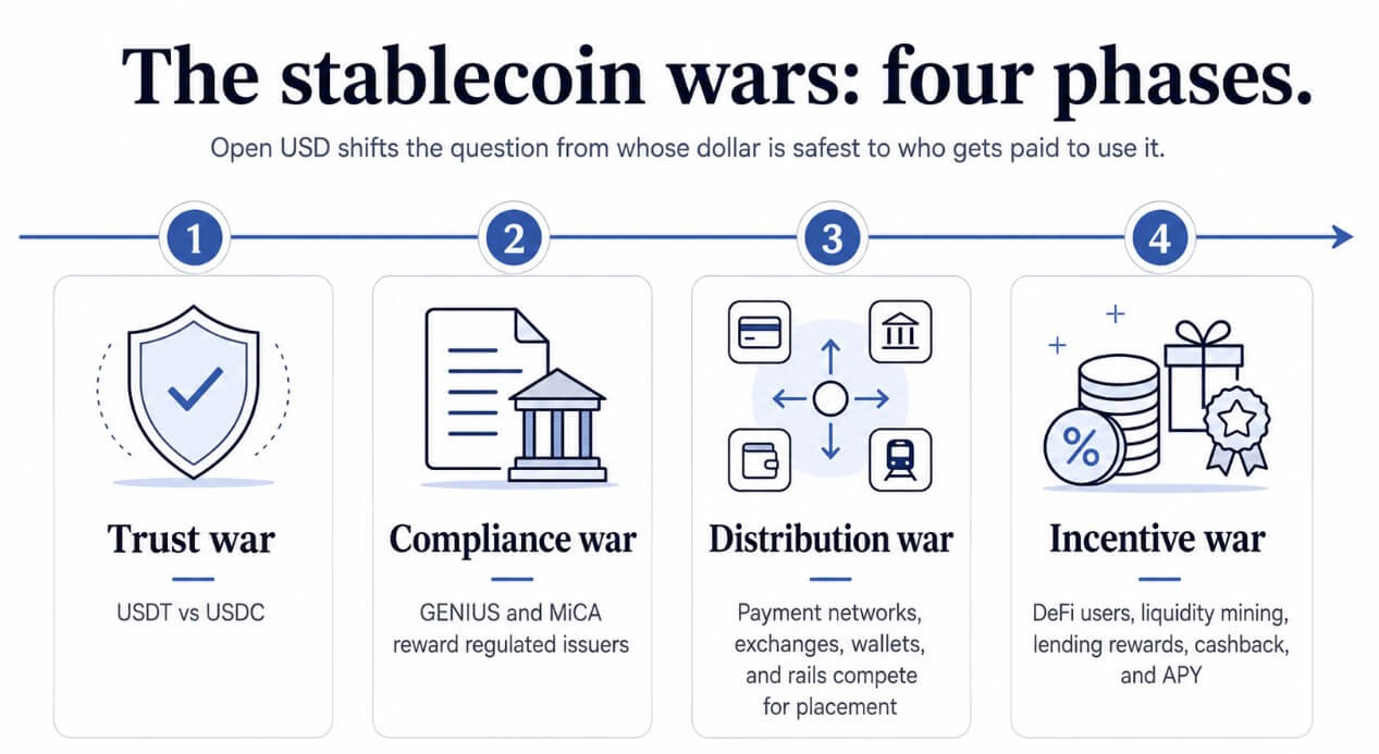 Visa Mastercard and Coinbase join Open USD as partner-led stablecoin increases DeFi yield war