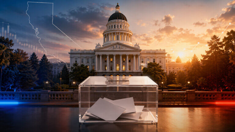 California state outline filled with the California flag, representing a prediction market on the California governor election winner.