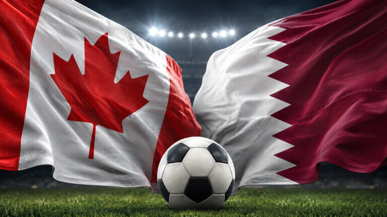 Soccer ball between Canada and Qatar flags in a stadium setting, representing World Cup 2026 prediction market odds, match outcome probabilities, trading volume, liquidity and tournament signals.