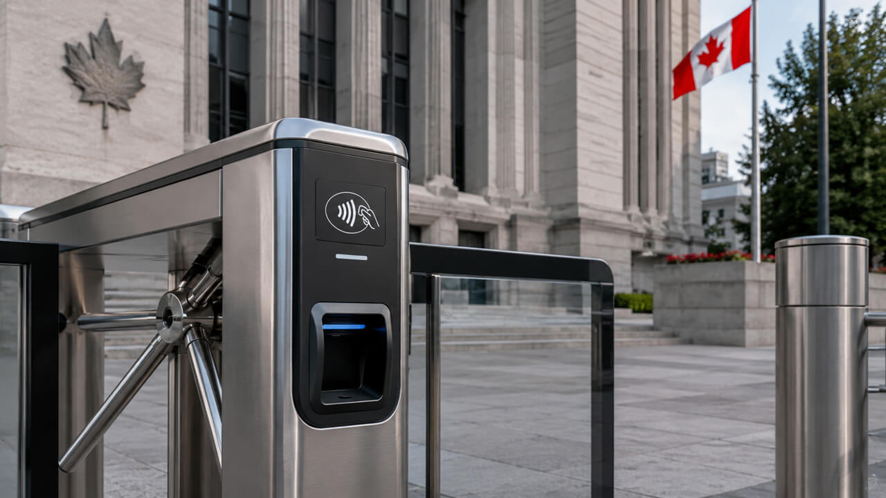Modern access-control turnstile outside a Canadian government building with the Canadian flag in the background, symbolizing the Bank of Canada’s Retail Payment Activities Act (RPAA) framework for registration, supervision, operational resilience, safeguarding of funds, incident reporting, and compliance requirements for payment service providers.