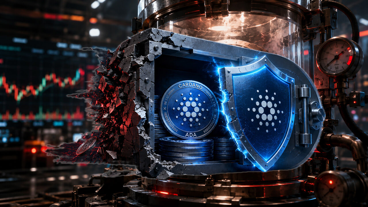 Illustration of a digital shield protecting Cardano (ADA) and blockchain network icons, representing cybersecurity concerns following a wallet security breach.