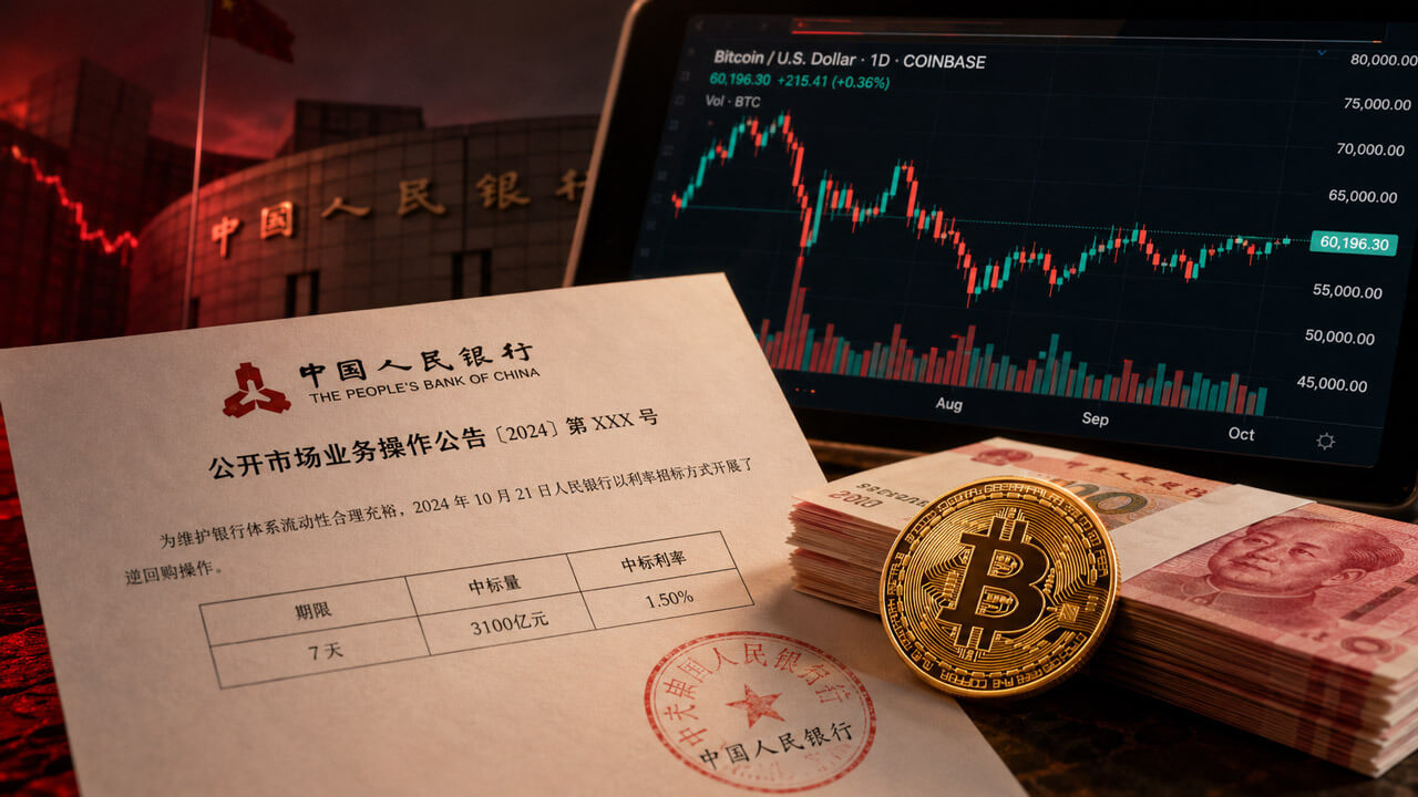 Bitcoin coin beside an industrial valve against a dark red background representing China liquidity and Bitcoin market sentiment.
