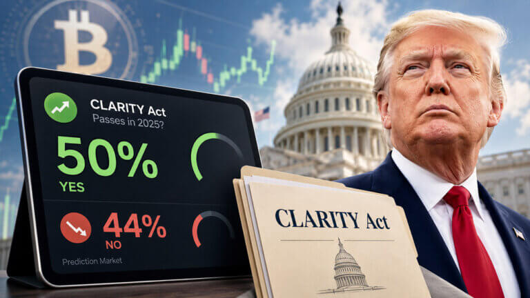 Illustration of the U.S. Capitol with "CLARITY Act" text and percentage figures beside a portrait of President Donald Trump.