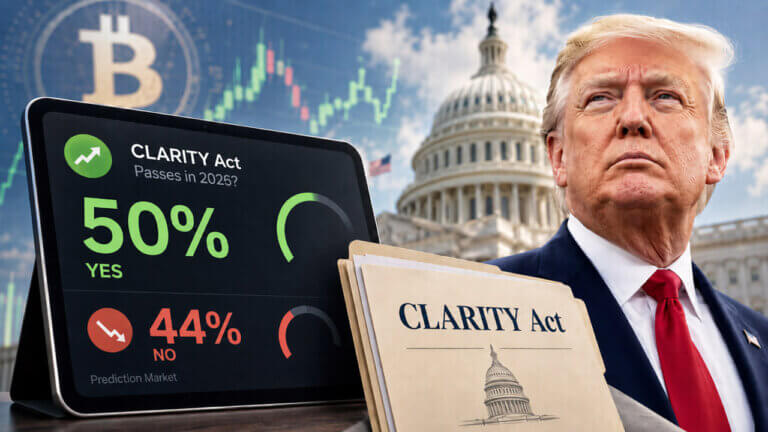 Illustration of the U.S. Capitol with "CLARITY Act" text and percentage figures beside a portrait of President Donald Trump.