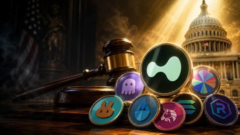Gavel beside cryptocurrency tokens in front of the U.S. Capitol representing the CLARITY Act.