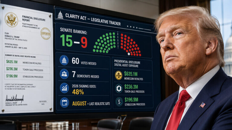 Trump crypto exposure tracker showing how the CLARITY Act legislative process affects President Trump's crypto holdings.