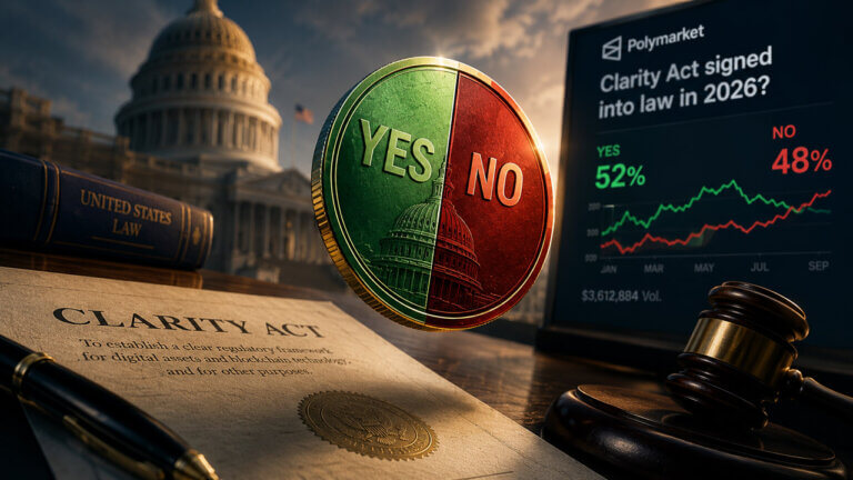 Prediction market on the CLARITY Act showing public odds for whether the legislation will be signed into U.S. law in 2026.