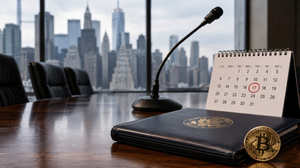 Conference room with a marked calendar date, government briefing folder, and Bitcoin coin overlooking a city skyline, representing a key crypto policy meeting, hearing, or regulatory deadline.