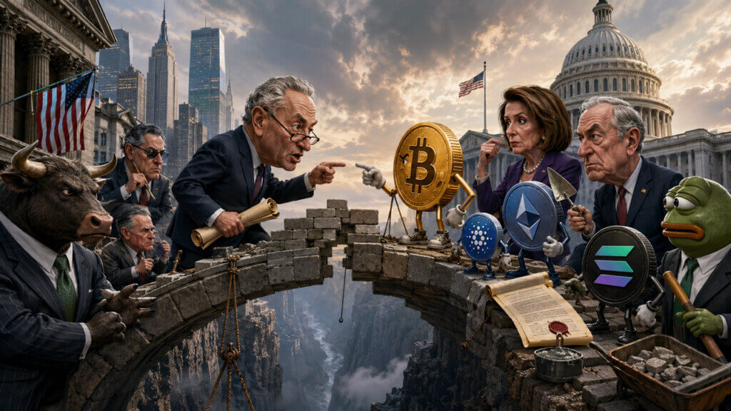 Editorial cartoon depicting U.S. lawmakers, crypto assets, and market participants negotiating across a crumbling bridge, symbolizing political divisions over cryptocurrency regulation and market structure legislation.