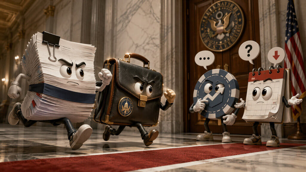 Cartoon legal documents, a briefcase, a token, and a calendar walking through a Capitol hallway to illustrate crypto regulation and CLARITY Act deadlines.