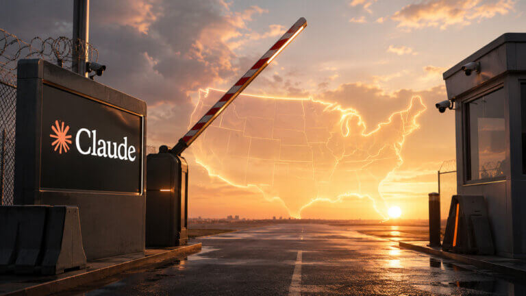 Claude-branded access gate opening toward a glowing US map at sunset, representing prediction markets tracking whether Claude Fable 5 will be restored for US customers.