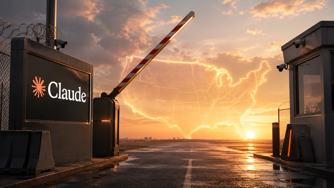 Claude-branded access gate opening toward a glowing US map at sunset, representing prediction markets tracking whether Claude Fable 5 will be restored for US customers.