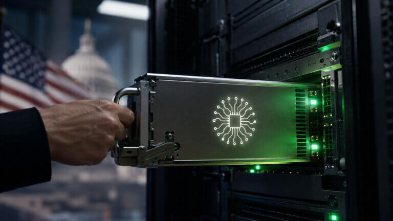 AI accelerator server being inserted into a data center rack with government and policy cues in the background, representing the Claude Mythos 5 access restoration prediction market, AI service availability, deadline scenarios, market volume, liquidity and regulatory access signals.