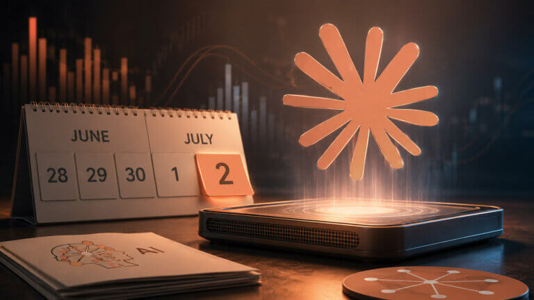 Calendar highlighting July 2 beside the Anthropic logo and AI interface, representing a prediction market tracking whether the next Claude Sonnet model will be released by July 2, 2026.