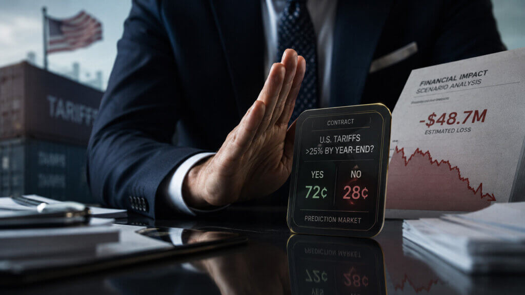 Prediction market contract on U.S. tariffs displayed beside projected corporate losses, illustrating how businesses could use prediction markets to hedge economic risks while raising questions about contract resolution and payout decisions.