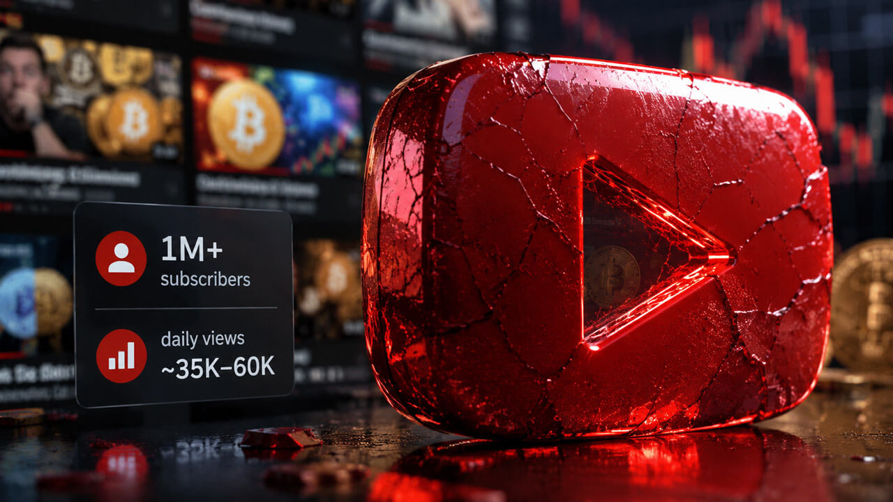 Crypto YouTube views decline shown by a cracked YouTube play button representing falling retail attention and channel engagement