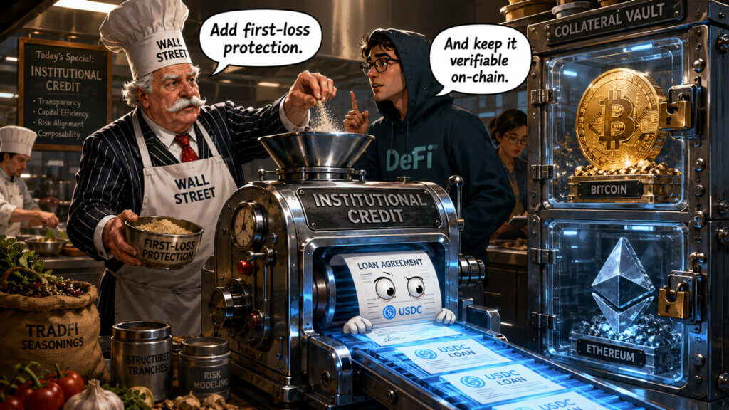 Illustration of Wall Street and DeFi combining crypto-backed loans into institutional credit with Bitcoin collateral and Ethereum-backed vaults.