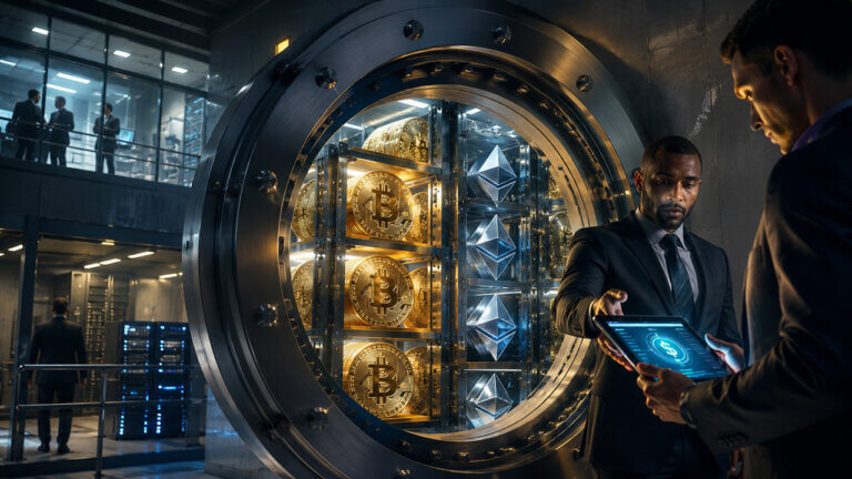Institutional-grade cryptocurrency custody vault securing Bitcoin and Ethereum assets while compliance professionals review digital asset management and security controls.