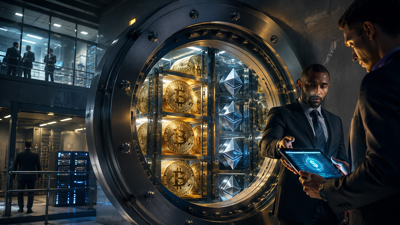 Institutional-grade cryptocurrency custody vault securing Bitcoin and Ethereum assets while compliance professionals review digital asset management and security controls.