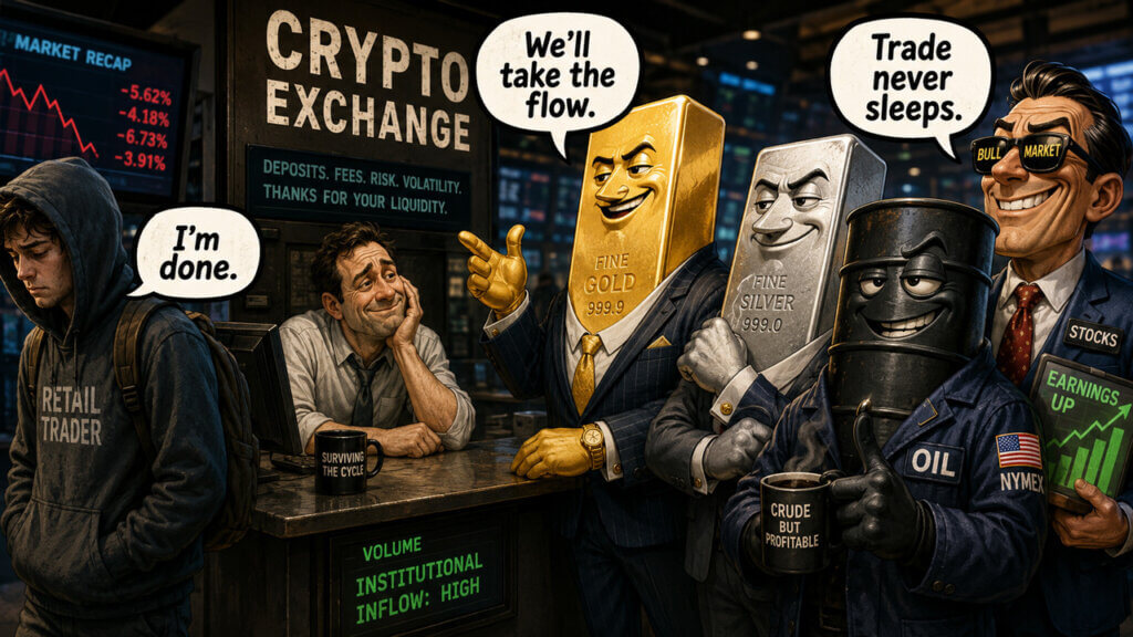 Cartoon of retail traders leaving a crypto exchange while gold, silver, oil, and stocks traders take their place.