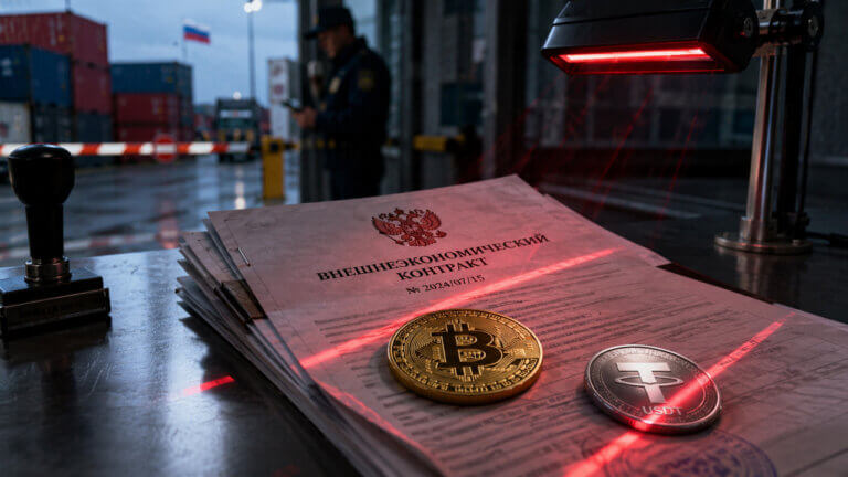 Bitcoin and USDT beside Russian foreign trade documents under customs inspection, illustrating the use of digital currencies in cross-border settlements and international trade under Russia's experimental legal regime.