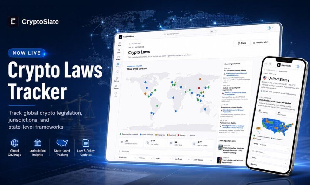 CryptoSlate Crypto Laws Tracker dashboard displaying global cryptocurrency legislation, jurisdiction profiles, regulatory updates, and state-level crypto law monitoring across desktop and mobile devices.