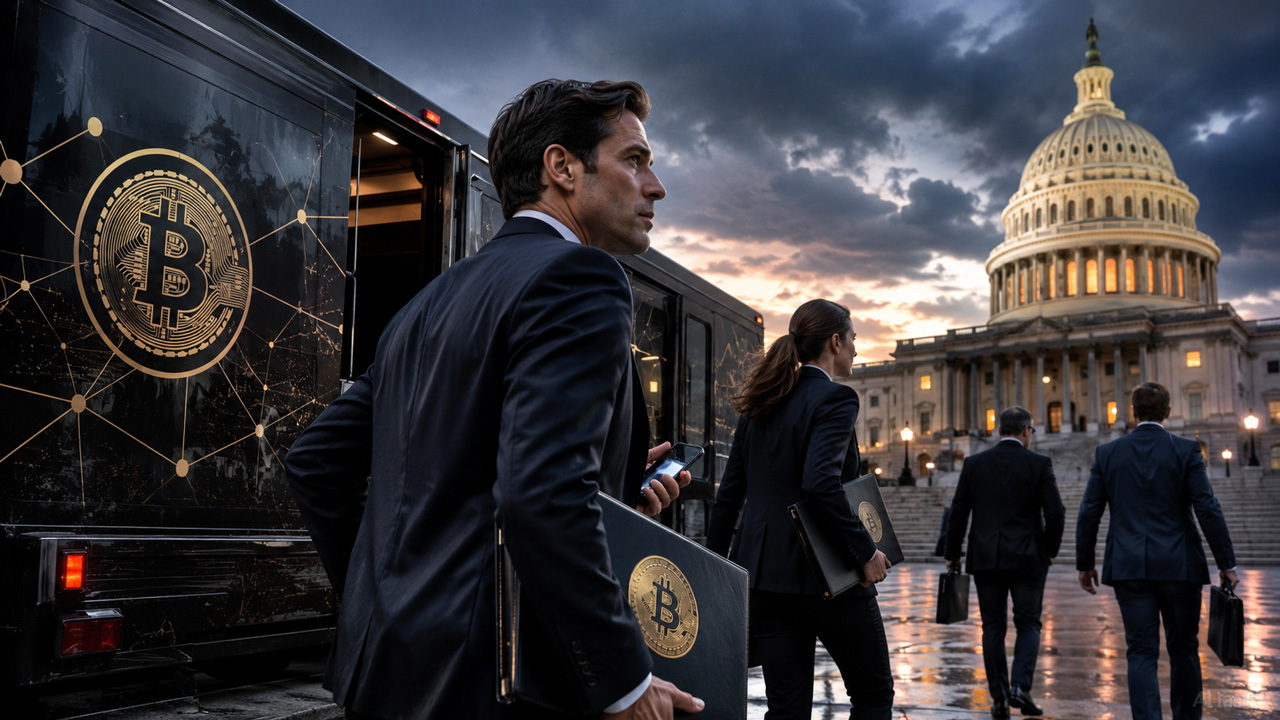 Digital interpretation of crypto lobbyists walk toward the U.S. Capitol building in Washington, D.C.
