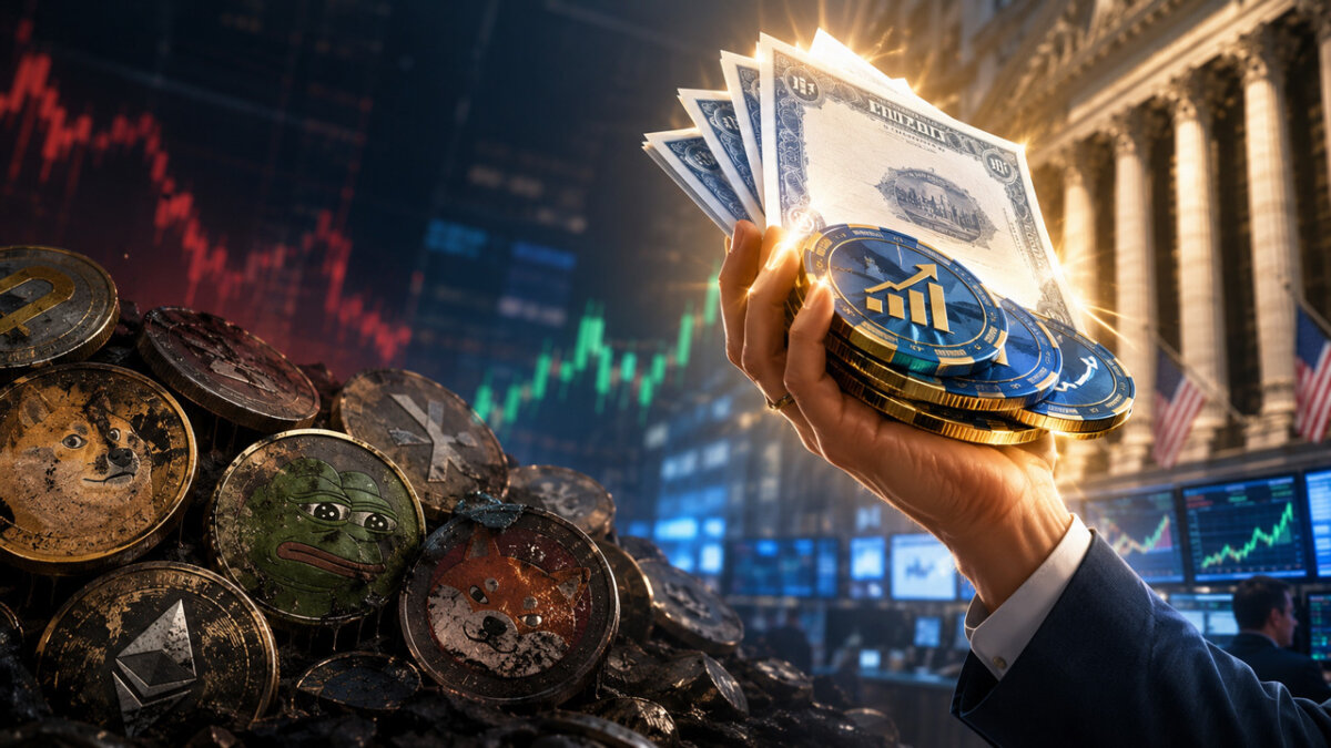 Illustration of a hand holding a glowing digital token with stock market charts representing crypto recovery shifting toward equity investments.