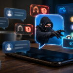 Crypto scammer emerging from a mobile chat app targeting Bitcoin and crypto wallets, illustrating phishing scams, impersonation attacks, fake support messages and cryptocurrency theft risks.