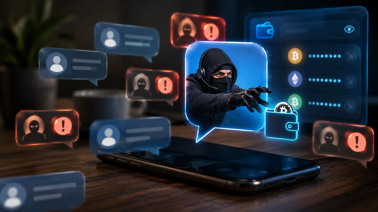 Crypto scammer emerging from a mobile chat app targeting Bitcoin and crypto wallets, illustrating phishing scams, impersonation attacks, fake support messages and cryptocurrency theft risks.