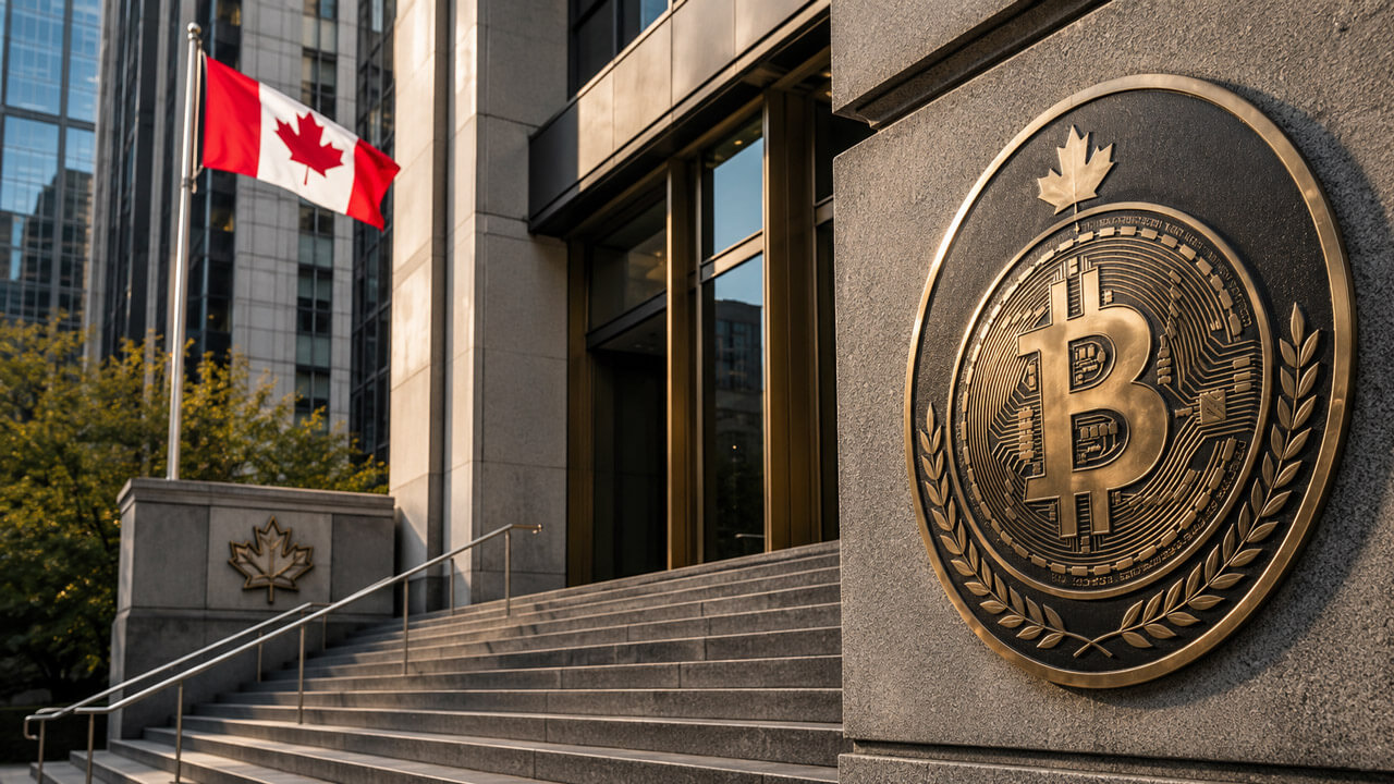 CSA Staff Notice 21-332 on Crypto Asset Trading Platform Pre-Registration Undertakings (PRUs) represented by a Bitcoin emblem outside a Canadian regulatory building, highlighting interim compliance requirements for crypto trading platforms seeking registration with Canadian securities regulators.