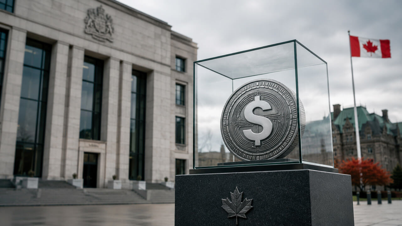 CSA Staff Notice 21-333 on Value-Referenced Crypto Assets represented by a stablecoin displayed outside a Canadian regulatory building, highlighting the Canadian Securities Administrators' guidance for value-referenced crypto assets, including stablecoins, and the conditions for their distribution and trading on crypto asset platforms.