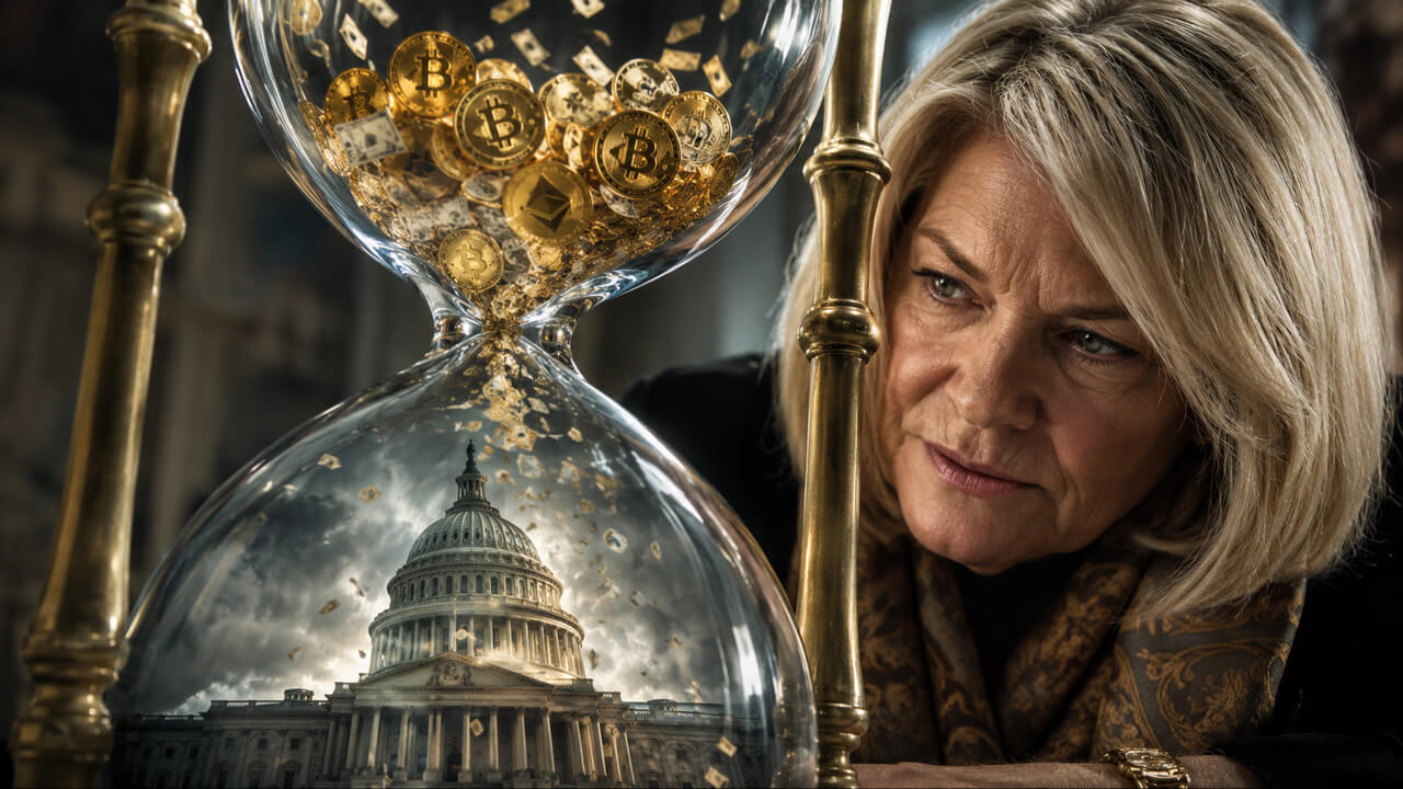 Cynthia Lummis watching crypto assets drain through an hourglass over Congress, representing the shrinking time window for U.S. crypto legislation.