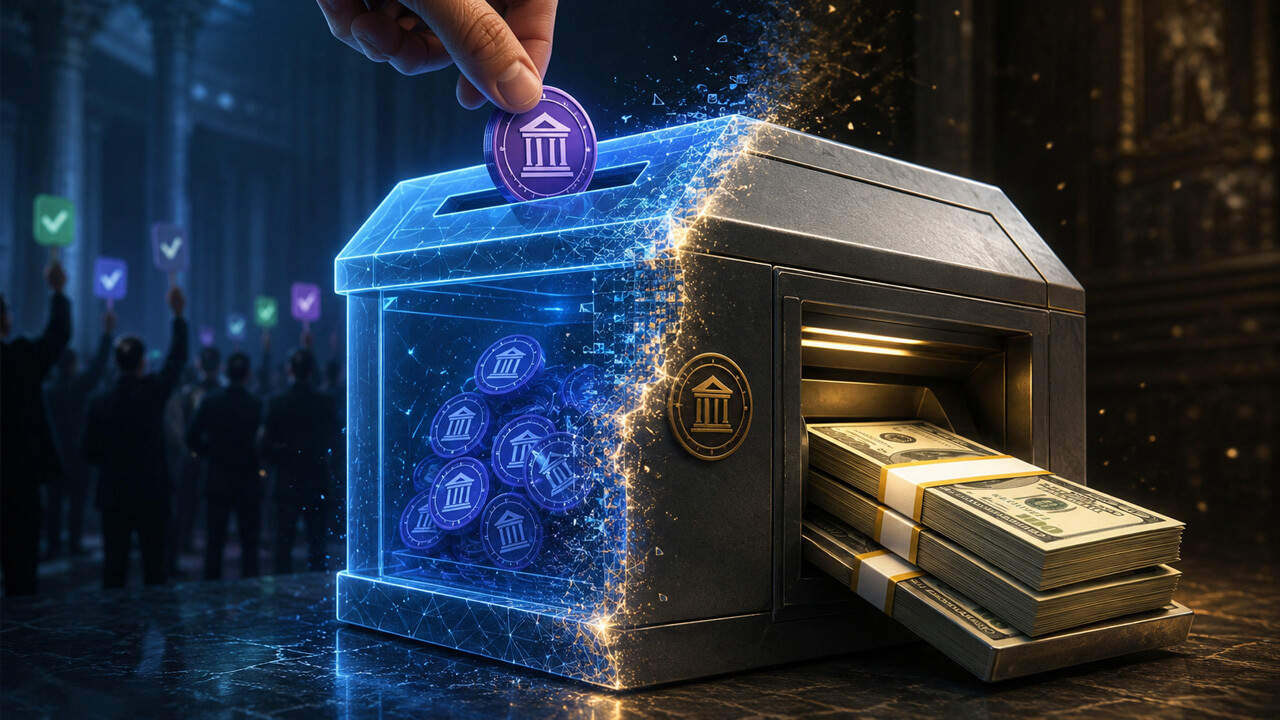 Illustration of a DAO governance ballot box representing governance token cash out voting.