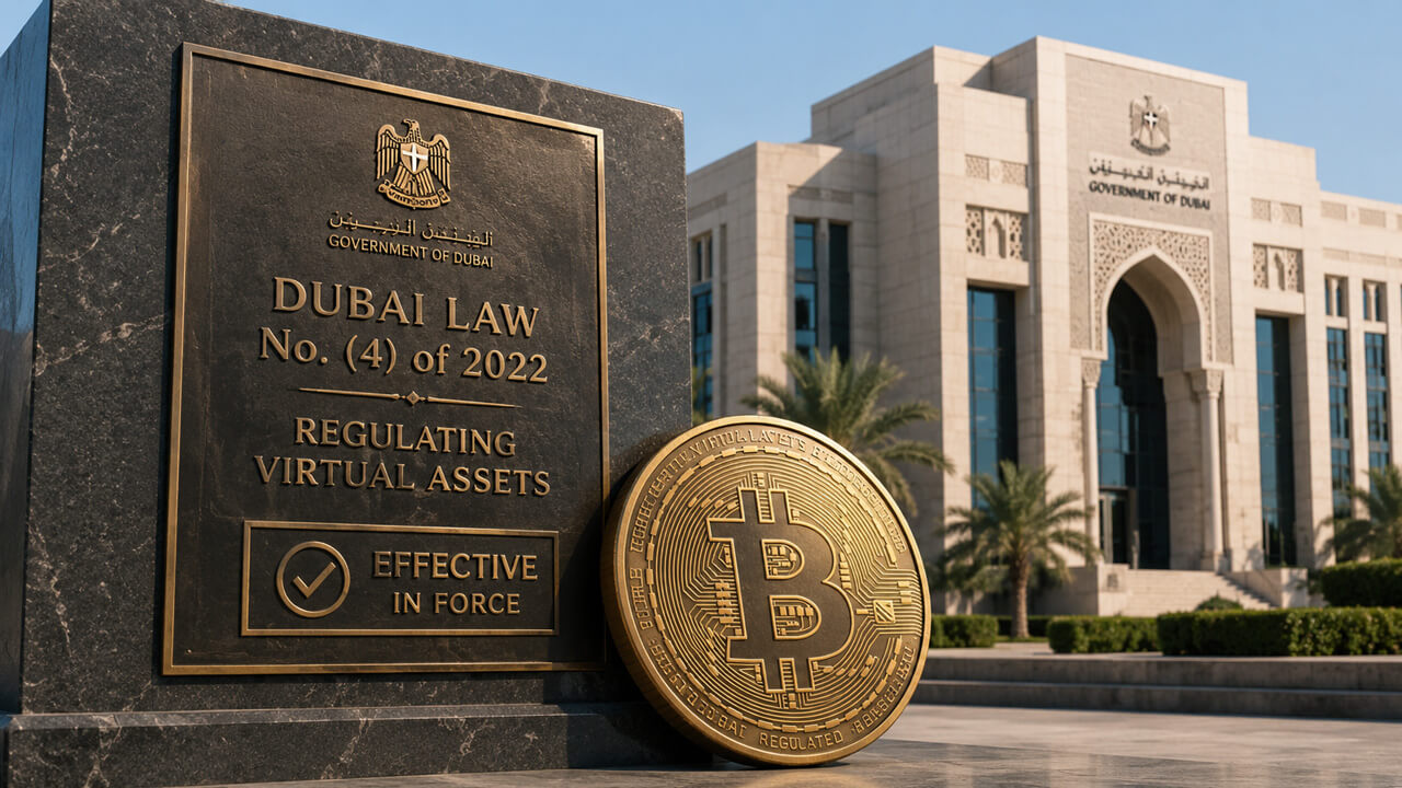 Dubai Law No. 4 of 2022 displayed outside a government building beside a Bitcoin coin, representing the establishment of VARA and Dubai’s permit-based framework for regulating virtual asset service providers outside the DIFC.
