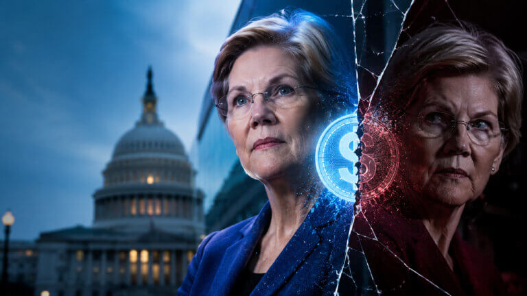 Sen. Elizabeth Warren beside a stock market chart and U.S. Capitol imagery