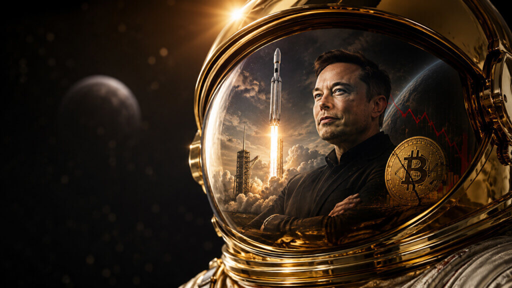 Elon Musk reflected in a gold astronaut helmet beside a SpaceX rocket launch and Bitcoin symbol, illustrating how his net worth has surpassed Bitcoin’s market capitalization amid SpaceX’s continued valuation surge.