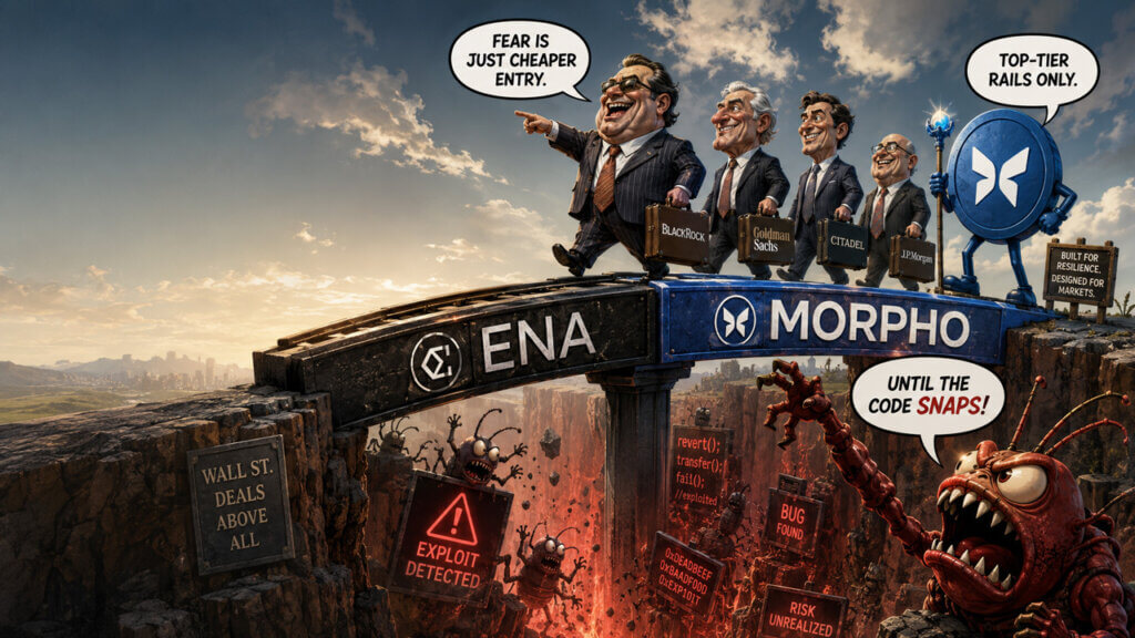 Cartoon of Wall Street investors riding ENA and MORPHO rails over a DeFi exploit warning pit.