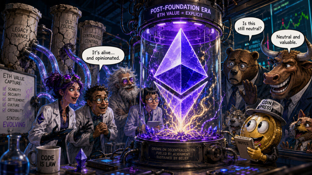 Illustration of Ethereum inside a glowing containment chamber surrounded by researchers, depicting the network’s transition into a post-Foundation era focused on ETH value accrual, governance, and neutrality debates.