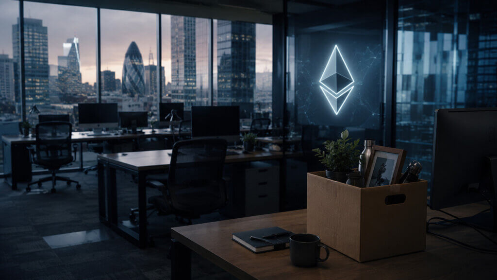 Ethereum Foundation staff in a modern office with Ethereum logo displayed on a large screen, representing the organization's workforce and operations amid restructuring.